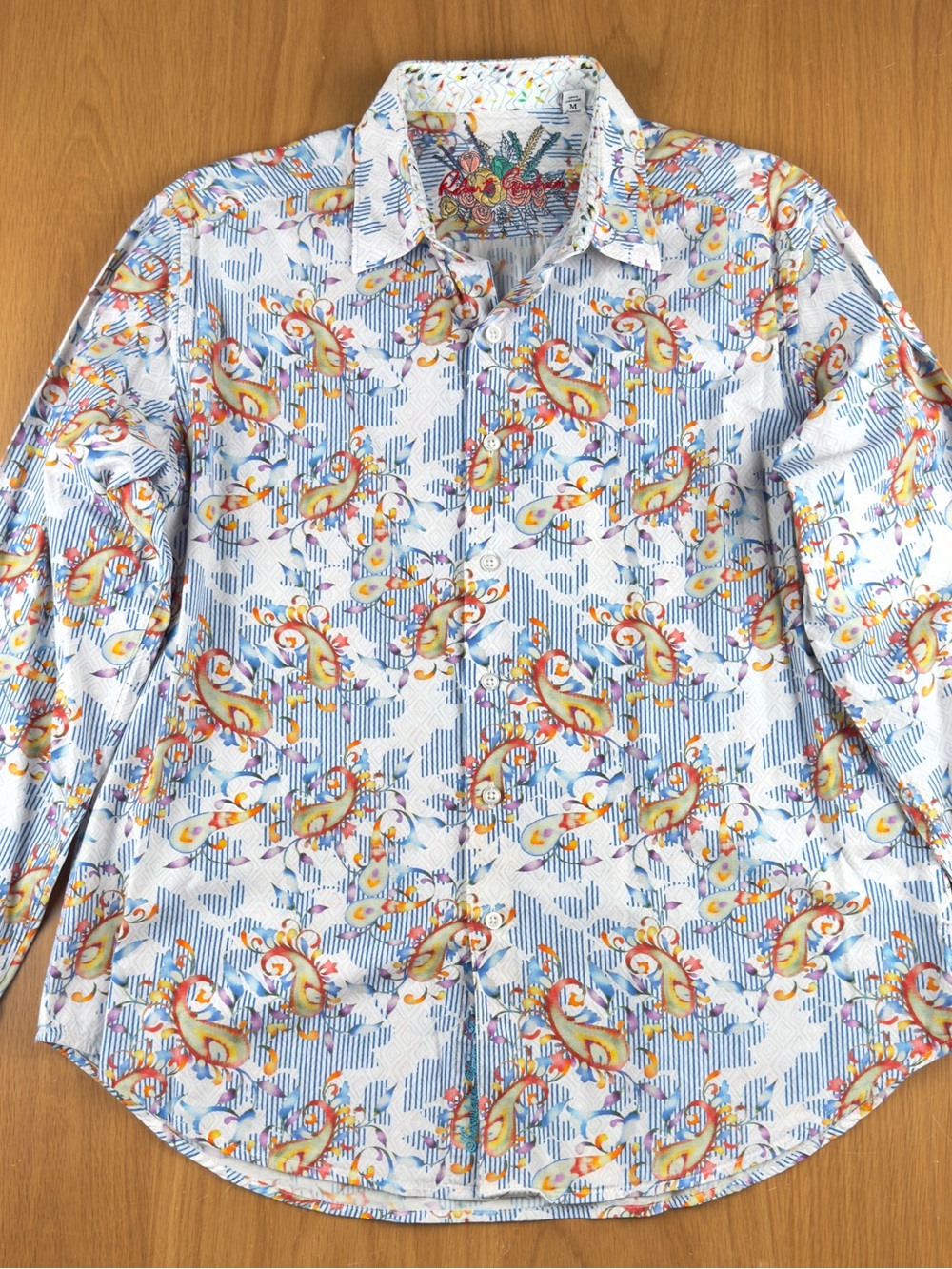 Robert Graham M Classic Fit Paisley Stripe Shirt White Blue Orange Flip Cuff